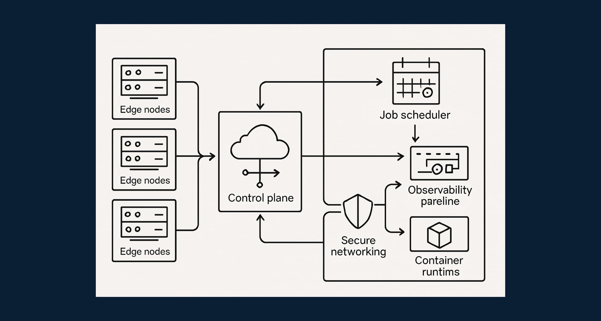 Technical architecture diagram showing edge nodes connected to a cloud control plane, scheduler, observability systems, and deployment pipelines.